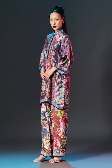 Buy_Rajdeep Ranawat_Multi Color Silk Embroidery Collared Printed Ghazal Tunic _Online_at_Aza_Fashions