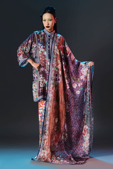 Rajdeep Ranawat_Multi Color Silk Embroidery Collared Printed Ghazal Tunic _at_Aza_Fashions