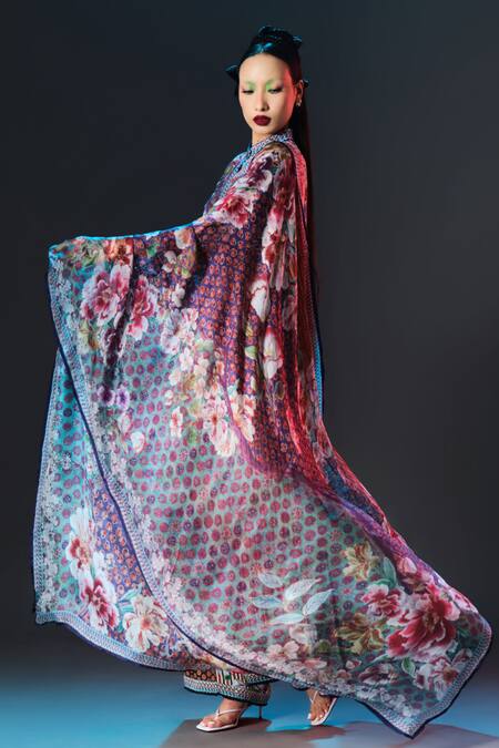 Buy_Rajdeep Ranawat_Multi Color Silk Embroidery Collared Printed Ghazal Tunic 