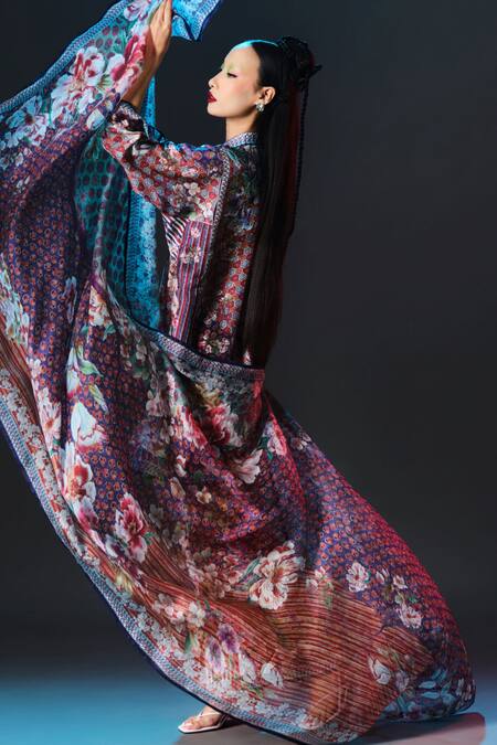 Shop_Rajdeep Ranawat_Multi Color Silk Embroidery Collared Printed Ghazal Tunic 