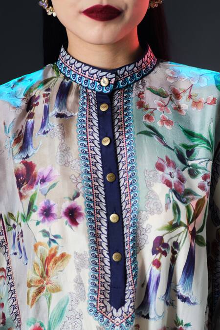 Rajdeep Ranawat_Beige Silk Mandarin Collar Ghazal Floral Guzette Sleeve _at_Aza_Fashions