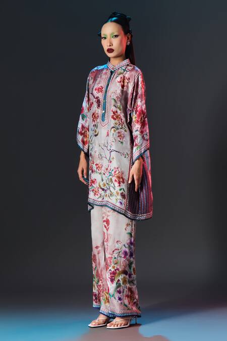 Rajdeep Ranawat_Beige Silk Mandarin Collar Ghazal Floral Print _at_Aza_Fashions