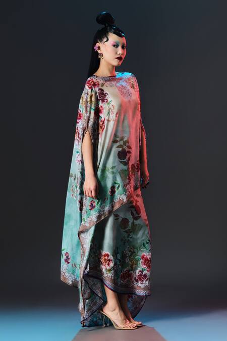 Buy_Rajdeep Ranawat_Beige Silk Boat Neck Kamini Floral Print Side Flare _Online_at_Aza_Fashions