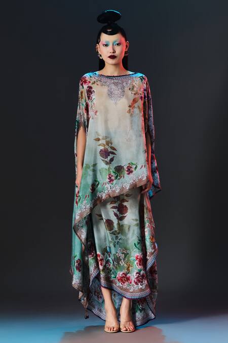 Shop_Rajdeep Ranawat_Beige Silk Boat Neck Kamini Floral Print Side Flare _Online_at_Aza_Fashions