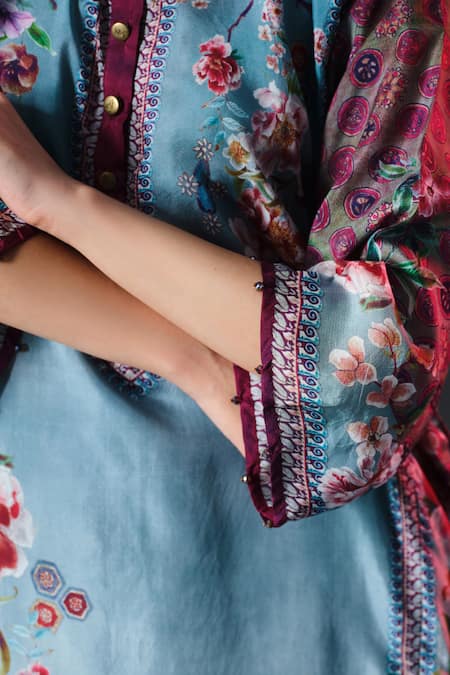 Rajdeep Ranawat Slate Silk Collared Ghazala Floral Print Long Online at Aza Fashions Rajdeep Ranawat_Slate Silk Collared Ghazala Floral Print Long _Online_at_Aza_Fashions