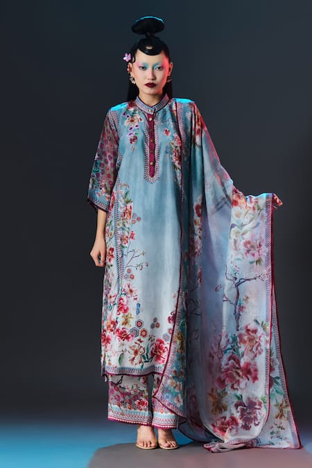 Buy Rajdeep Ranawat Slate Silk Collared Ghazala Floral Print Long Online at Aza Fashions Buy_Rajdeep Ranawat_Slate Silk Collared Ghazala Floral Print Long _Online_at_Aza_Fashions