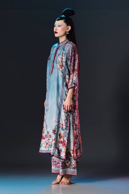 Shop Rajdeep Ranawat Slate Silk Collared Ghazala Floral Print Long Online at Aza Fashions Shop_Rajdeep Ranawat_Slate Silk Collared Ghazala Floral Print Long _Online_at_Aza_Fashions