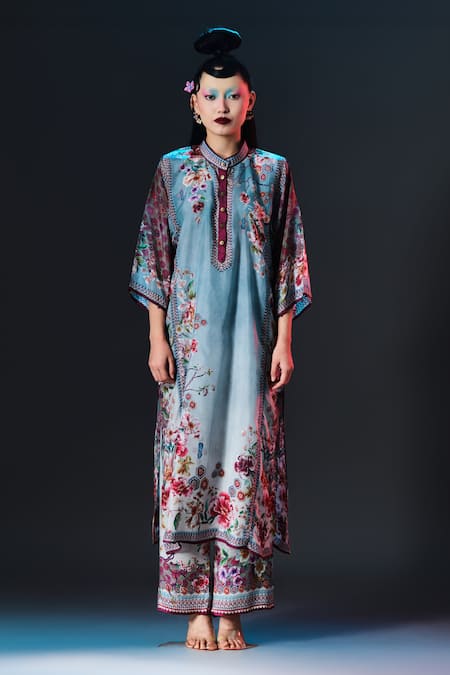 Rajdeep Ranawat Slate Silk Collared Ghazala Floral Print Long at Aza Fashions Rajdeep Ranawat_Slate Silk Collared Ghazala Floral Print Long _at_Aza_Fashions