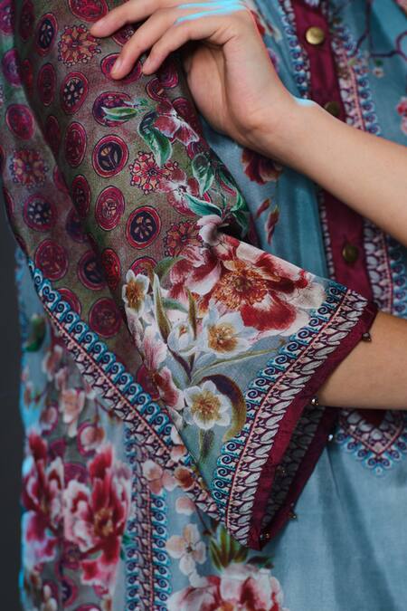 Buy Rajdeep Ranawat Slate Silk Collared Ghazala Floral Print Long Buy_Rajdeep Ranawat_Slate Silk Collared Ghazala Floral Print Long