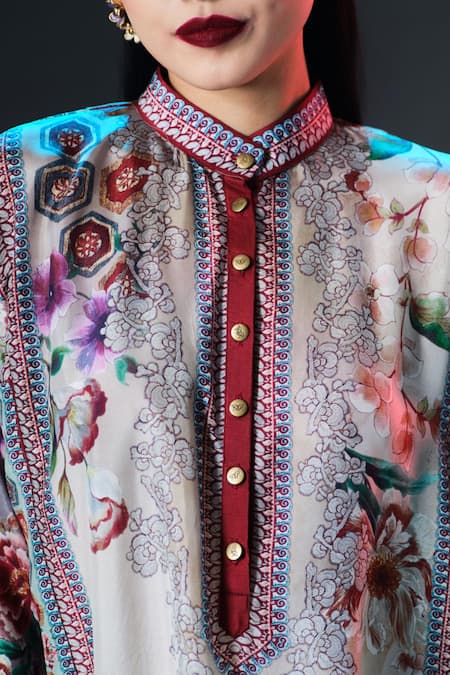 Rajdeep Ranawat Beige Silk Collared Ghazala Floral Print Online at Aza Fashions Rajdeep Ranawat_Beige Silk Collared Ghazala Floral Print _Online_at_Aza_Fashions