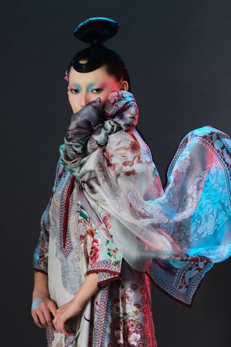 Shop Rajdeep Ranawat Beige Silk Collared Ghazala Floral Print Online at Aza Fashions Shop_Rajdeep Ranawat_Beige Silk Collared Ghazala Floral Print _Online_at_Aza_Fashions