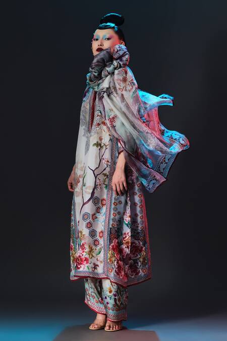 Buy Rajdeep Ranawat Beige Silk Collared Ghazala Floral Print Buy_Rajdeep Ranawat_Beige Silk Collared Ghazala Floral Print