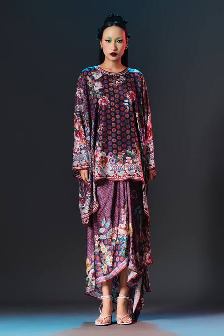 Buy_Rajdeep Ranawat_Multi Color Silk, Modal, Satin Insha Printed Top And Draped _Online_at_Aza_Fashions