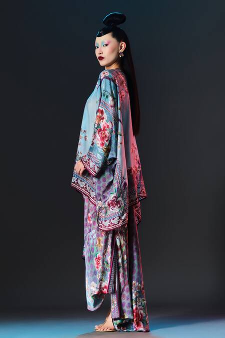 Buy_Rajdeep Ranawat_Blue Silk, Modal, Satin Round Insha Printed Draped Top And _Online_at_Aza_Fashions