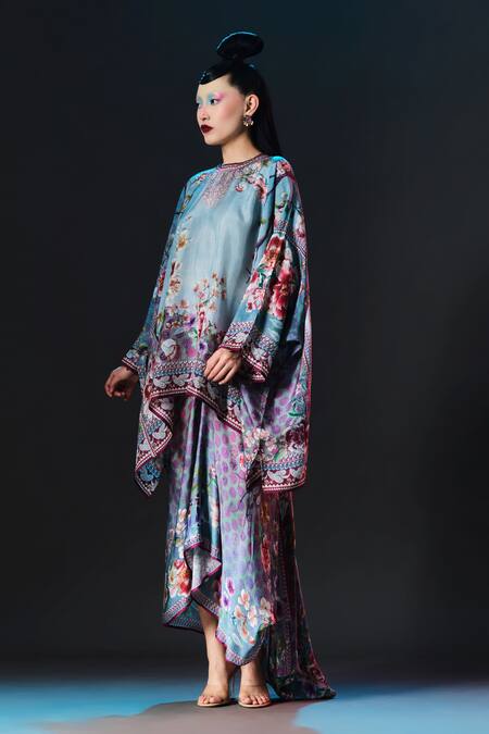 Shop_Rajdeep Ranawat_Blue Silk, Modal, Satin Round Insha Printed Draped Top And _Online_at_Aza_Fashions