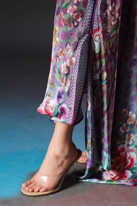 Rajdeep Ranawat_Blue Silk, Modal, Satin Round Insha Printed Draped Top And _at_Aza_Fashions