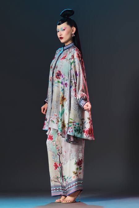 Shop_Rajdeep Ranawat_Multi Color Silk Collared Floral Nilofer Tunic _Online_at_Aza_Fashions