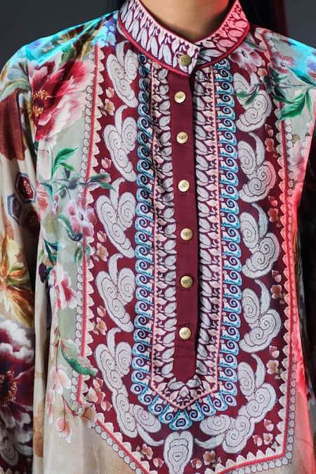 Buy_Rajdeep Ranawat_Beige Silk Embroidery Mandarin Collar Navya Floral Draped _Online_at_Aza_Fashions