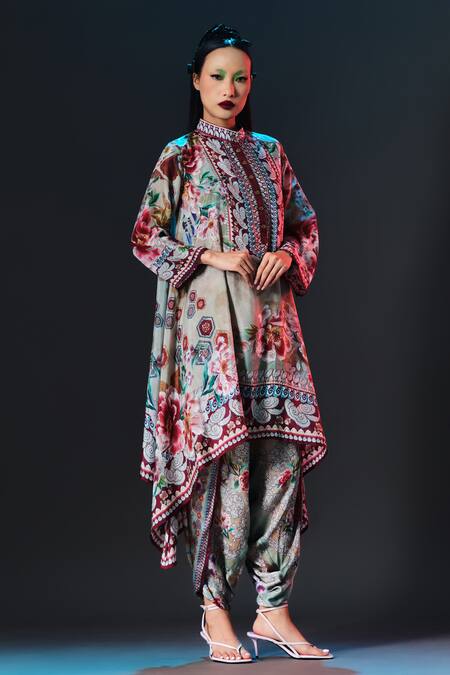 Shop_Rajdeep Ranawat_Beige Silk Embroidery Mandarin Collar Navya Floral Draped _Online_at_Aza_Fashions