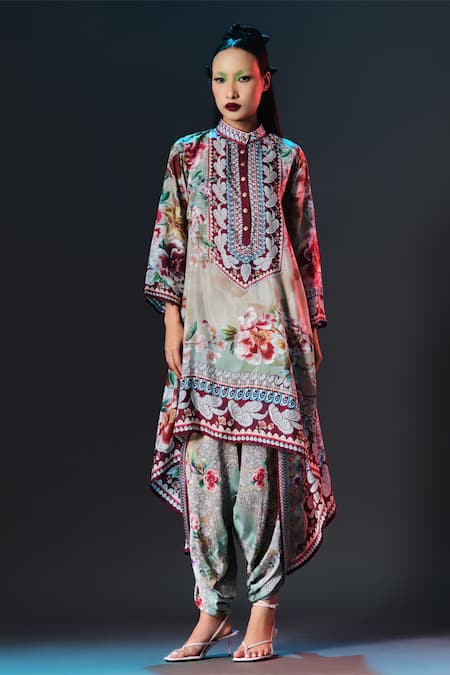 Rajdeep Ranawat_Beige Silk Embroidery Mandarin Collar Navya Floral Draped _at_Aza_Fashions