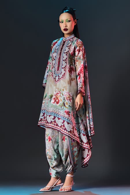 Buy_Rajdeep Ranawat_Beige Silk Embroidery Mandarin Collar Navya Floral Draped 