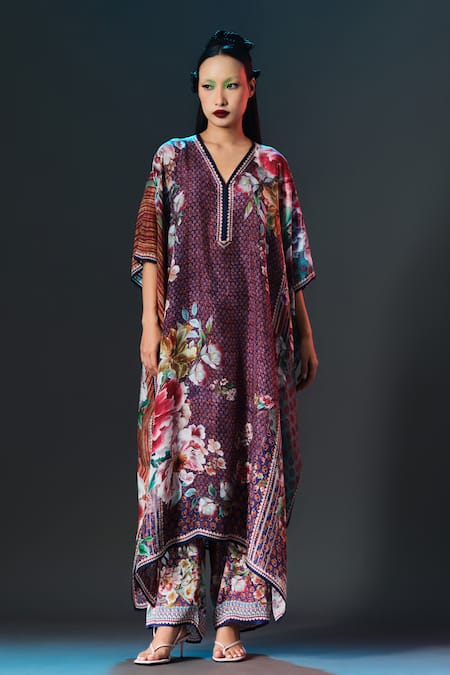 Rajdeep Ranawat Kaliza Kaftan V Neck Floral Silk Kaftan 
