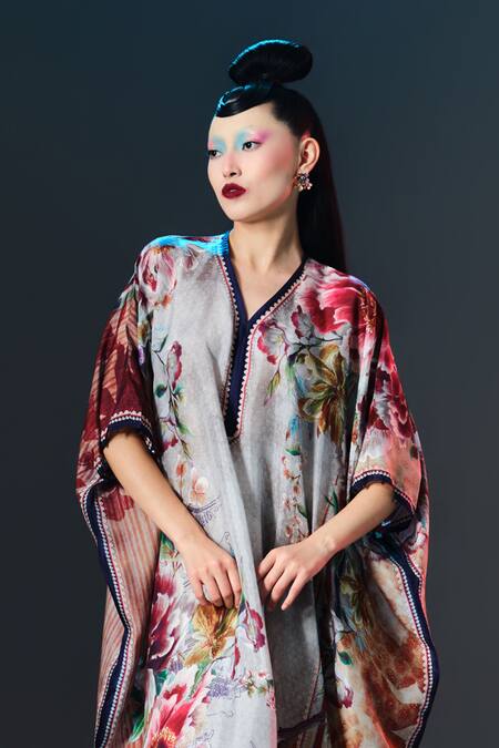 Rajdeep Ranawat_Taupe Silk V-neck Kaliza V Floral _at_Aza_Fashions