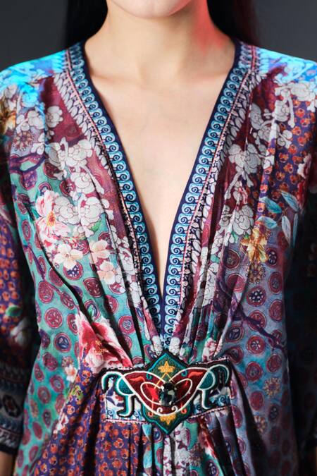 Rajdeep Ranawat_Multi Color Silk V-neck Maya Print Designer _Online_at_Aza_Fashions