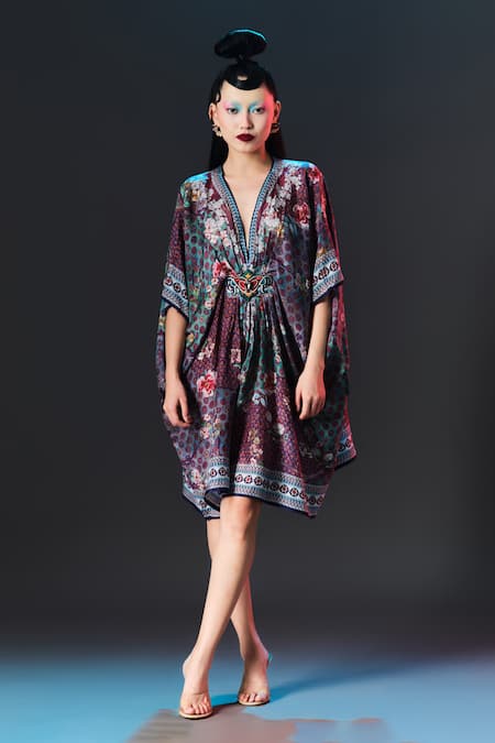 Shop_Rajdeep Ranawat_Multi Color Silk V-neck Maya Print Designer _Online_at_Aza_Fashions