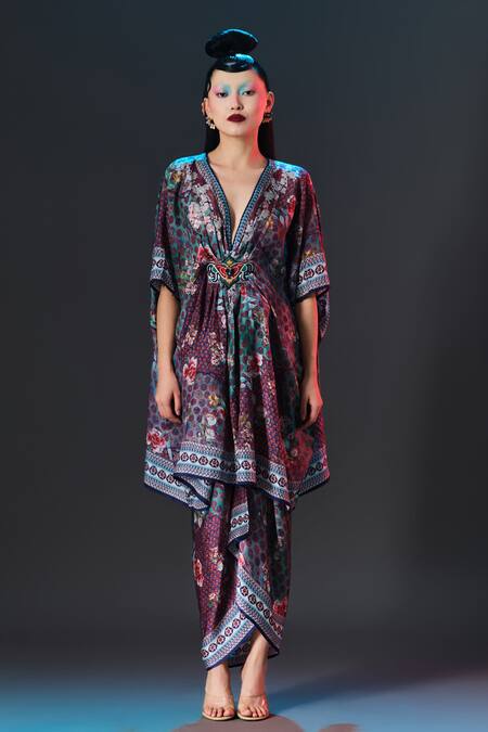 Rajdeep Ranawat_Multi Color Silk V-neck Maya Print Designer _at_Aza_Fashions