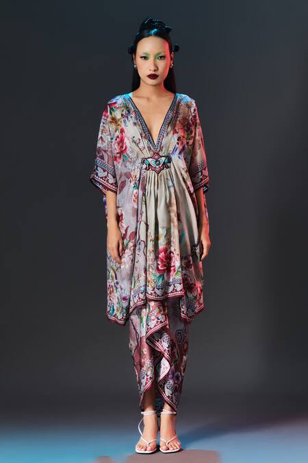 Buy_Rajdeep Ranawat_Beige Silk Beads V-neck Maya Floral Print _Online_at_Aza_Fashions