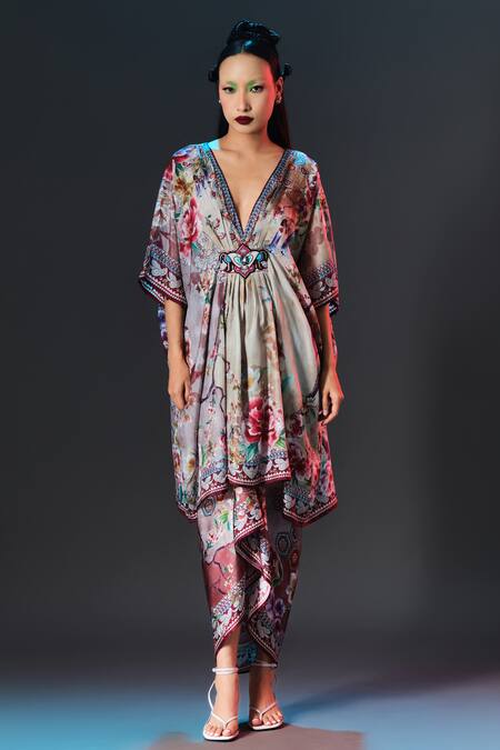 Shop_Rajdeep Ranawat_Beige Silk Beads V-neck Maya Floral Print _Online_at_Aza_Fashions