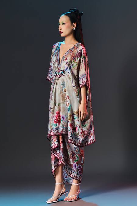 Rajdeep Ranawat_Beige Silk Beads V-neck Maya Floral Print _at_Aza_Fashions