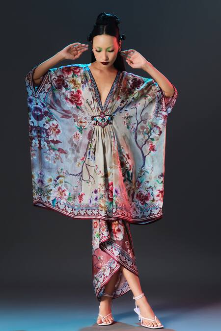 Shop_Rajdeep Ranawat_Beige Silk Beads V-neck Maya Floral Print 