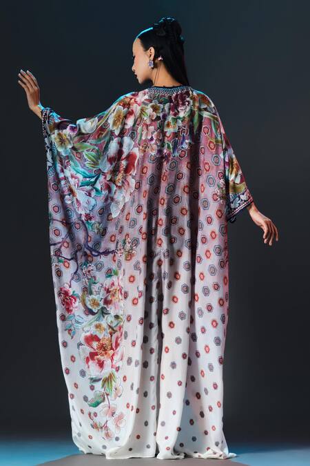 Rajdeep Ranawat_White Silk Embroidery V-neck Imama Printed Long V _Online_at_Aza_Fashions