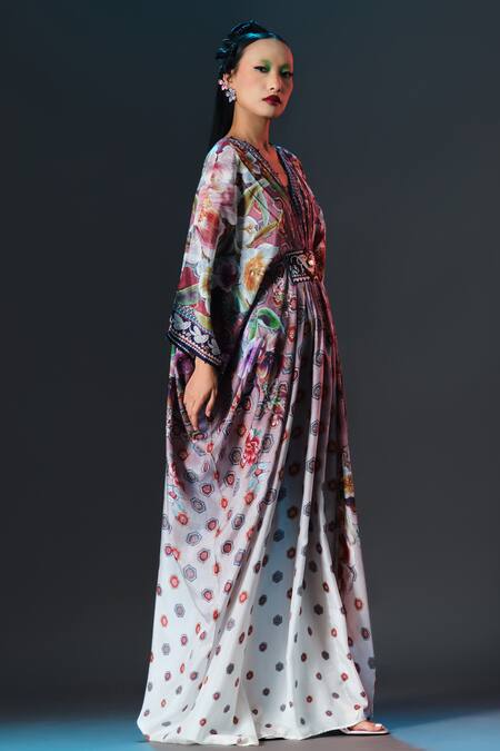 Buy_Rajdeep Ranawat_White Silk Embroidery V-neck Imama Printed Long V _Online_at_Aza_Fashions