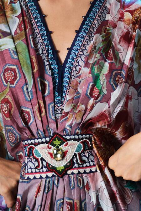 Shop_Rajdeep Ranawat_White Silk Embroidery V-neck Imama Printed Long V _Online_at_Aza_Fashions