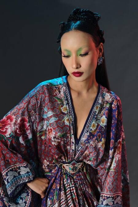 Rajdeep Ranawat_Multi Color Silk Embroidery, Pearls V-neck Imama Print Designer _Online_at_Aza_Fashions