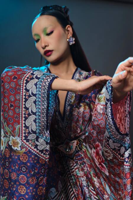 Buy_Rajdeep Ranawat_Multi Color Silk Embroidery, Pearls V-neck Imama Print Designer _Online_at_Aza_Fashions