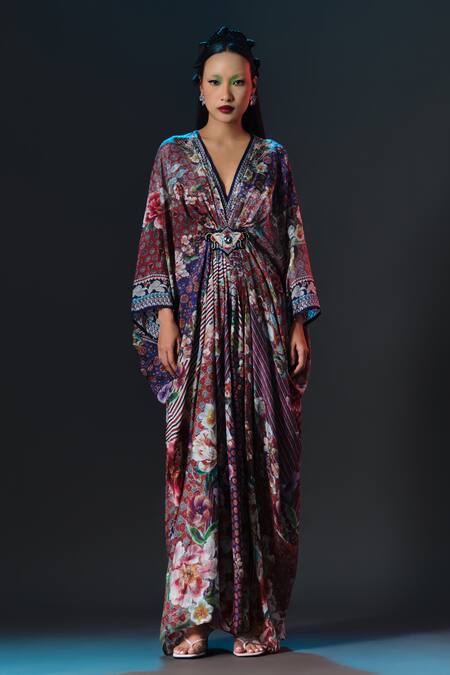 Shop_Rajdeep Ranawat_Multi Color Silk Embroidery, Pearls V-neck Imama Print Designer _Online_at_Aza_Fashions