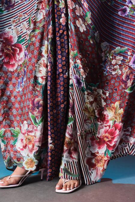 Rajdeep Ranawat_Multi Color Silk Embroidery, Pearls V-neck Imama Print Designer _at_Aza_Fashions