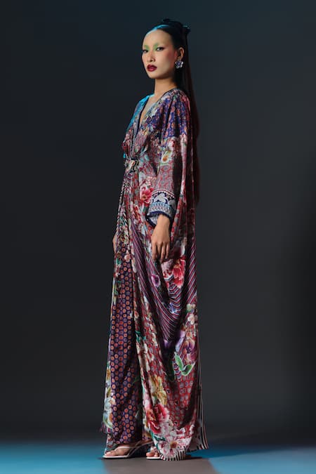 Buy_Rajdeep Ranawat_Multi Color Silk Embroidery, Pearls V-neck Imama Print Designer 