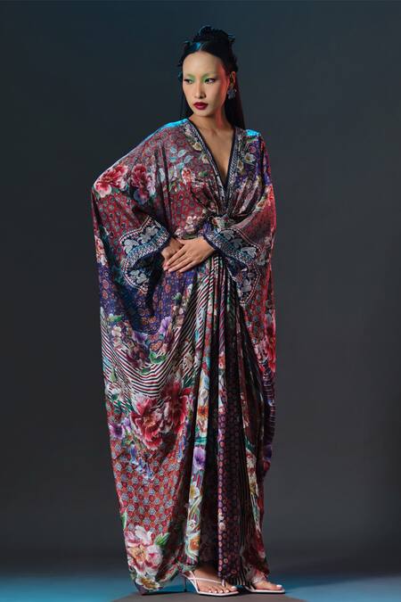 Shop_Rajdeep Ranawat_Multi Color Silk Embroidery, Pearls V-neck Imama Print Designer 