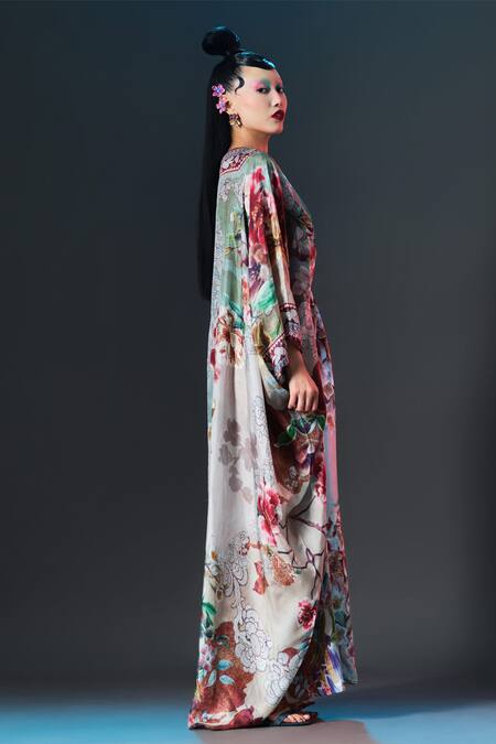 Rajdeep Ranawat_Beige Silk Embroidery V-neck Imama Floral Print _Online_at_Aza_Fashions