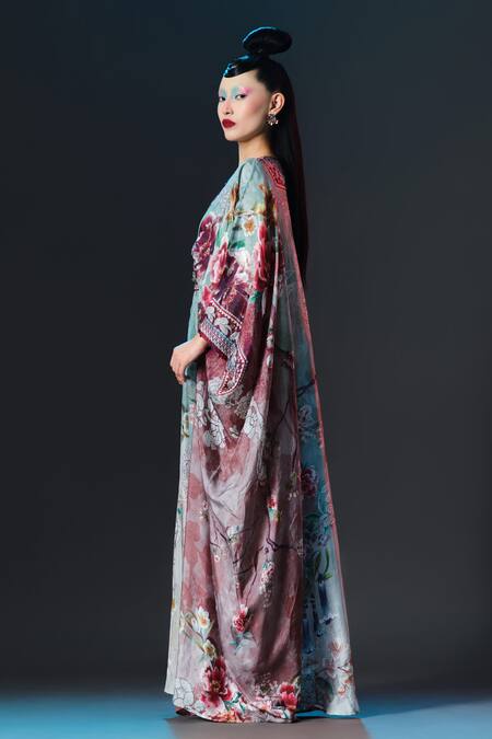 Buy_Rajdeep Ranawat_Beige Silk Embroidery V-neck Imama Floral Print _Online_at_Aza_Fashions