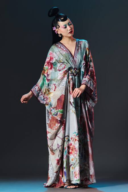 Rajdeep Ranawat_Beige Silk Embroidery V-neck Imama Floral Print _at_Aza_Fashions