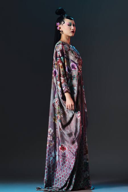 Rajdeep Ranawat_Taupe Silk Embroidery, Pearls Imama V Jewelled Belted Print _Online_at_Aza_Fashions