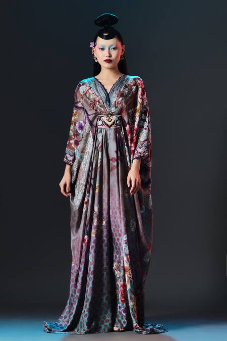 Buy_Rajdeep Ranawat_Taupe Silk Embroidery, Pearls Imama V Jewelled Belted Print _Online_at_Aza_Fashions