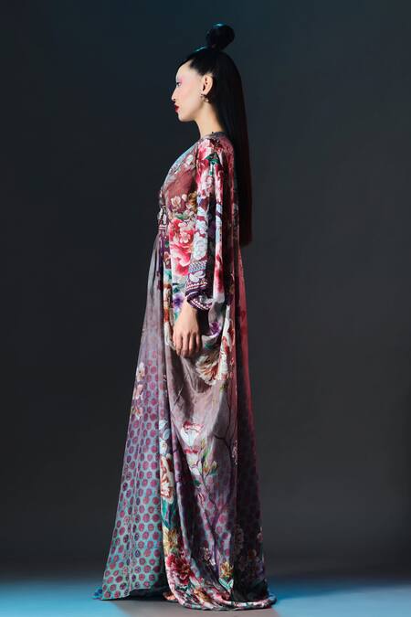 Shop_Rajdeep Ranawat_Taupe Silk Embroidery, Pearls Imama V Jewelled Belted Print _Online_at_Aza_Fashions