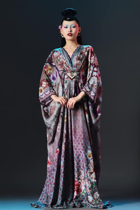 Rajdeep Ranawat Imama Kaftan V Neck Jewelled Belted Print Kaftan 